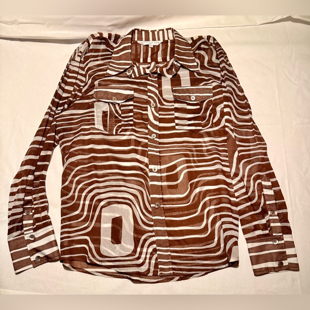 Vintage Trina Turk Chocolate and Cream Striped Shirt Size L